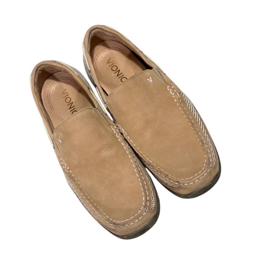 Vionic Earl Mens Tan Leather Mesh Boat Shoes Loafers Orthotic Slip On‎ Size 10
